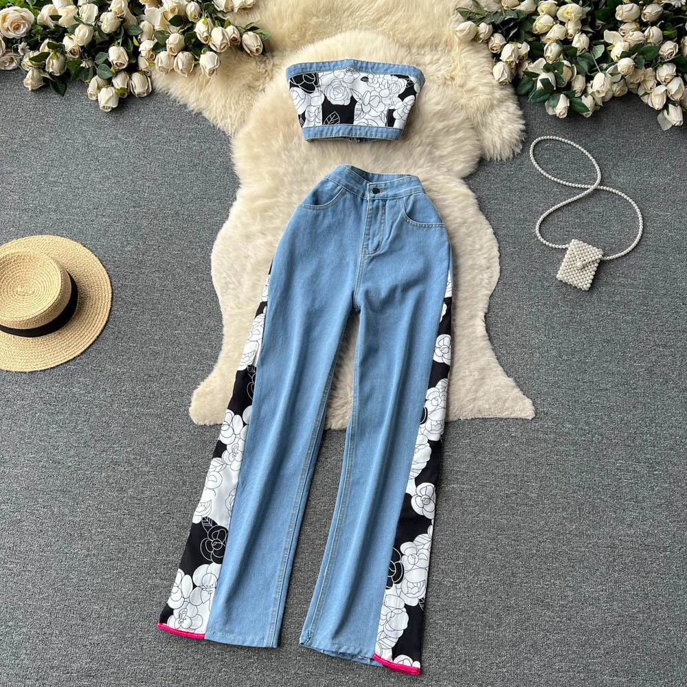 Women Hotsweet Two Pieces Denim Suits Strapless Mini Zipper Top+Wide Legs Long Pants Painting Fashion Y2K Sexy Home Sets New