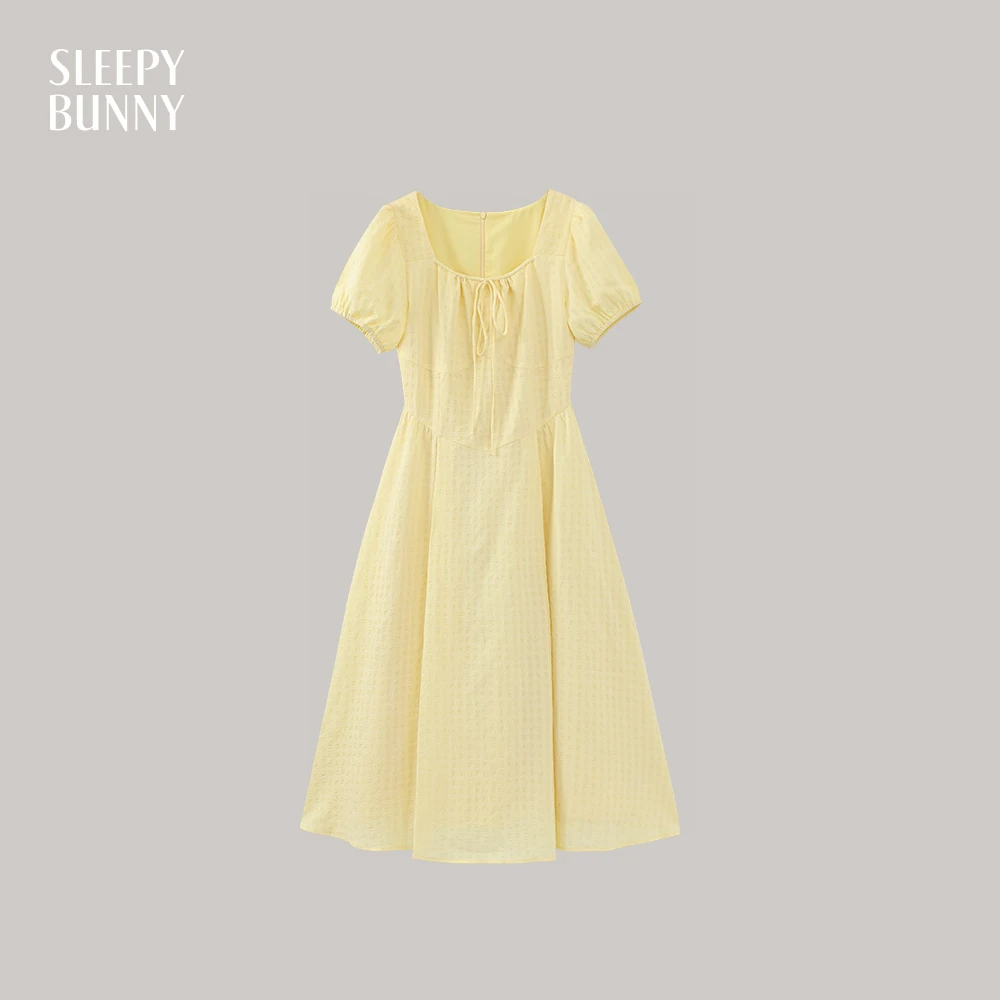 

Sweet Square Neck Midi Dress for Women Puff Sleeve Summer Tie Waist A-Line Sundress Petite Elegant Soft Girl Look 2025 New Style