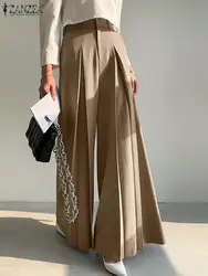 ZANZEA Women Elegant Streetwear Pleated Pants Causal Loose High Waist Wide Leg Pantalon Korean Fashion Solid Trousers Fall 2024