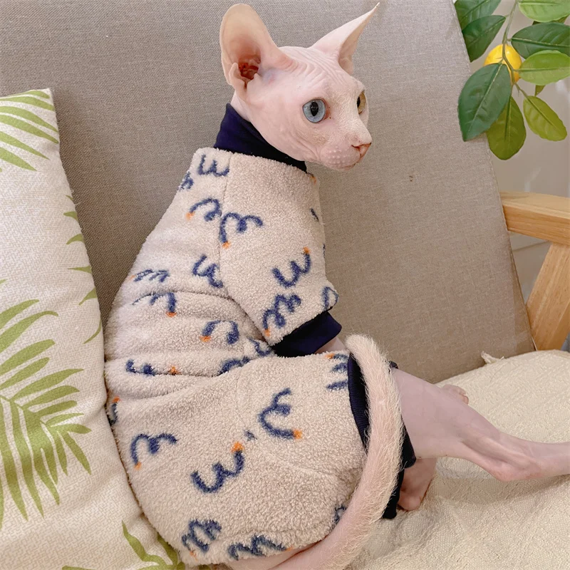 Plush Belly-wrapped Four-legged Sweater for Hairless Cat in Winter Cute Grey-Blue Warm Coat for Sphynx Devon Rex Autumn Pajamas