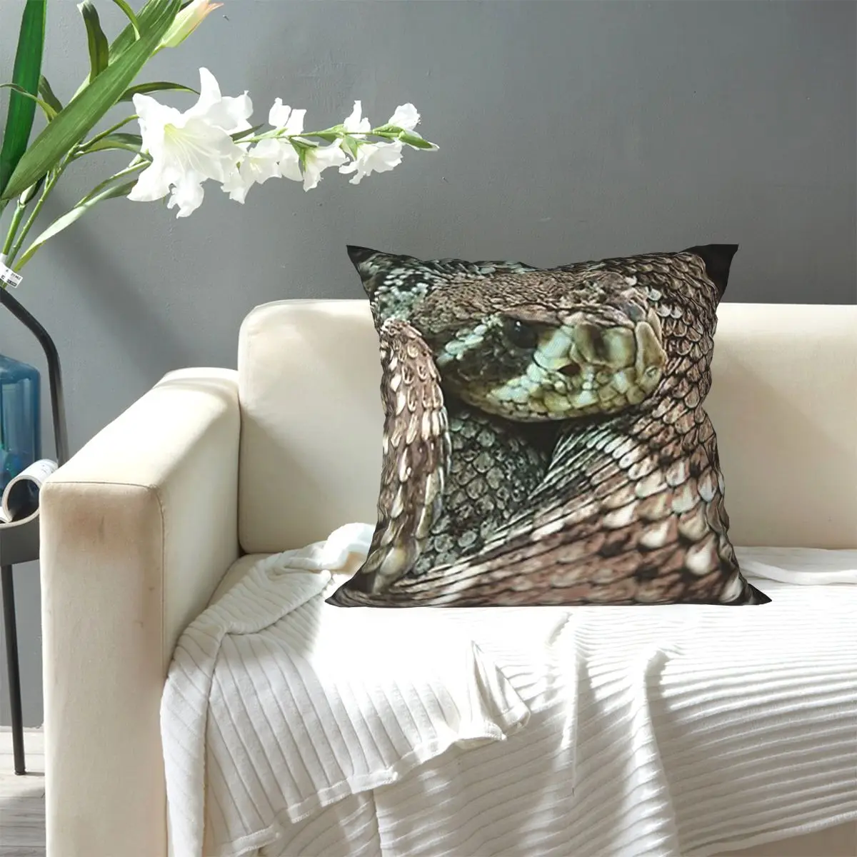 Snake, Coiled Diamondback Rattlesnake Square Pillowcase Pillow Cover Cushion Zip Decorative Throw Pillow for Home Living Room