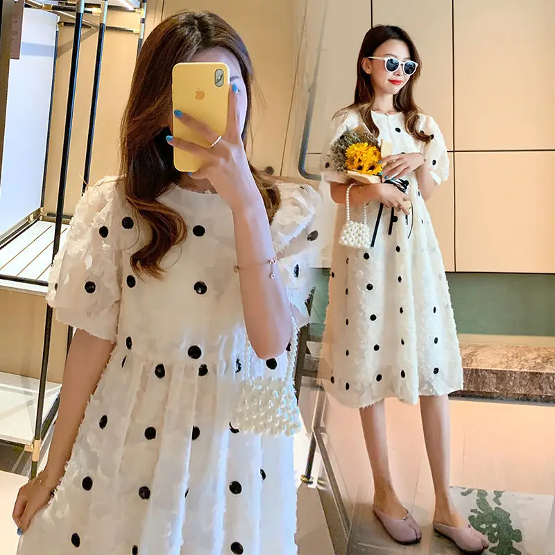 Polka Dot Chiffon Short-sleeved Dress Medium Length Loose Women\'s Summer Dress 2023 New Loose Skirt