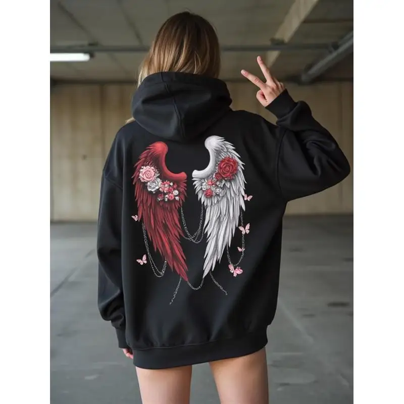 This year's new styleWomen's loose-fitting black hoodie，Angel wings and rose pattern design casual pullover shirt，