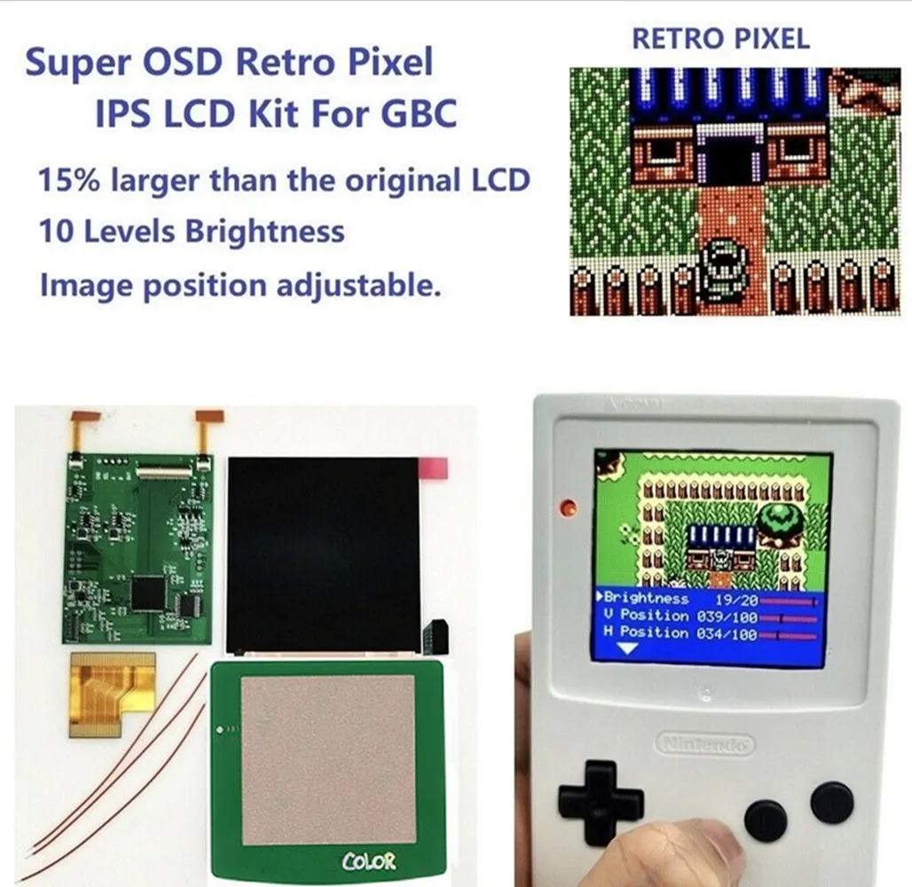 Dark Green Lens--OSD Version IPS High Light Backlight LCD Screen Kit With Pre-cut Housing Shell Cases For Game Boy Color GBC