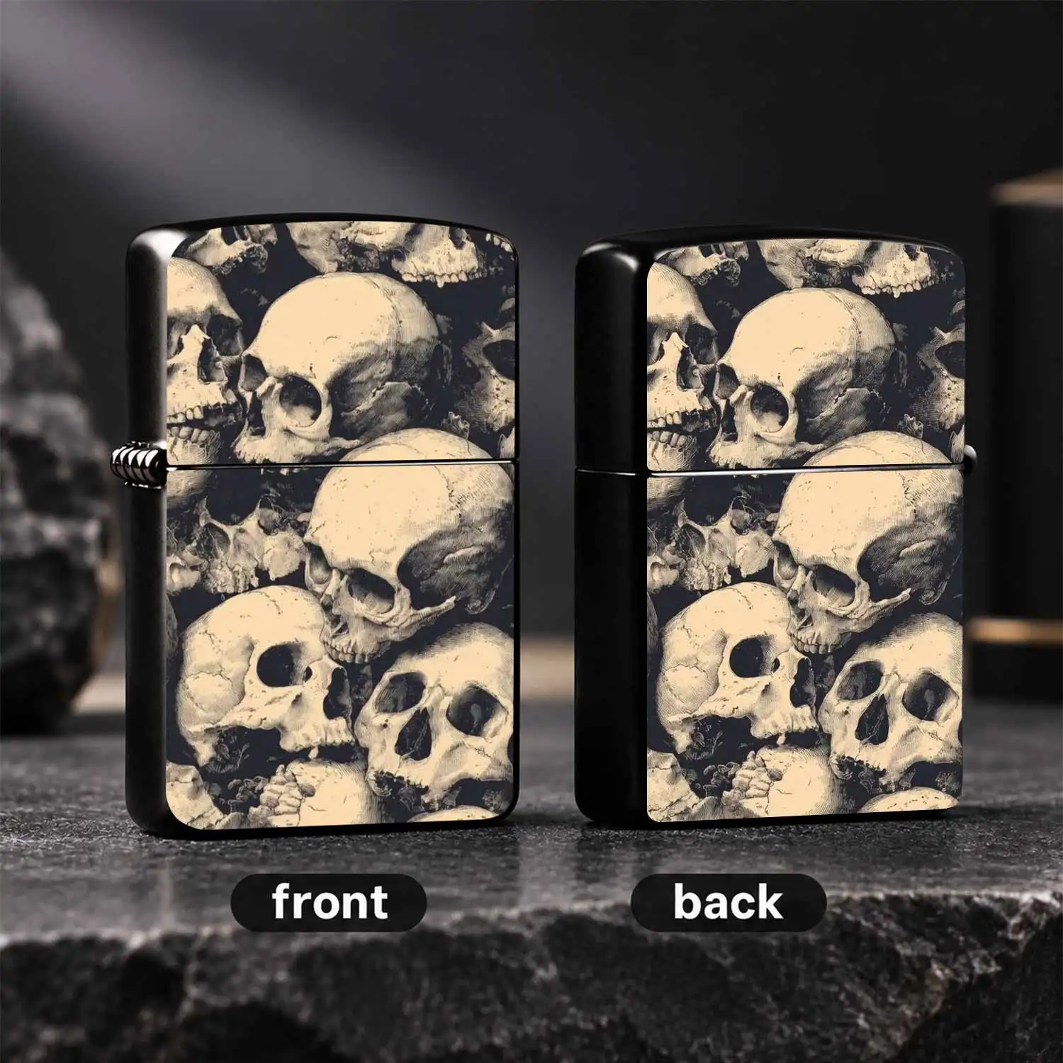 Vintage Dark Style Full Print Skulls Lighter, Aesthetic Spooky Portable Igniter, Ideal For Daily Use, Outdoor Camping, Candle And Incense Lighting, Creative Unique Trendy Present For Friends And Hobbyists A Humorous And Interesting Lighter
