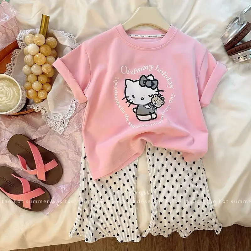 Hello Kittys-Camiseta de manga corta con estampado de dibujos animados para niñas, traje de pantalones de moda, pantalones acampanados de lunares coreanos dulces, Anime Kawaii, Verano