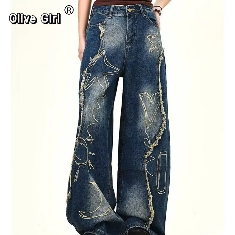 Olivegirl Women's Jeans Retro Fringed Edges Denim Pants Autumn American Design Loose Hanging Straight Leg Wide Leg Trousers