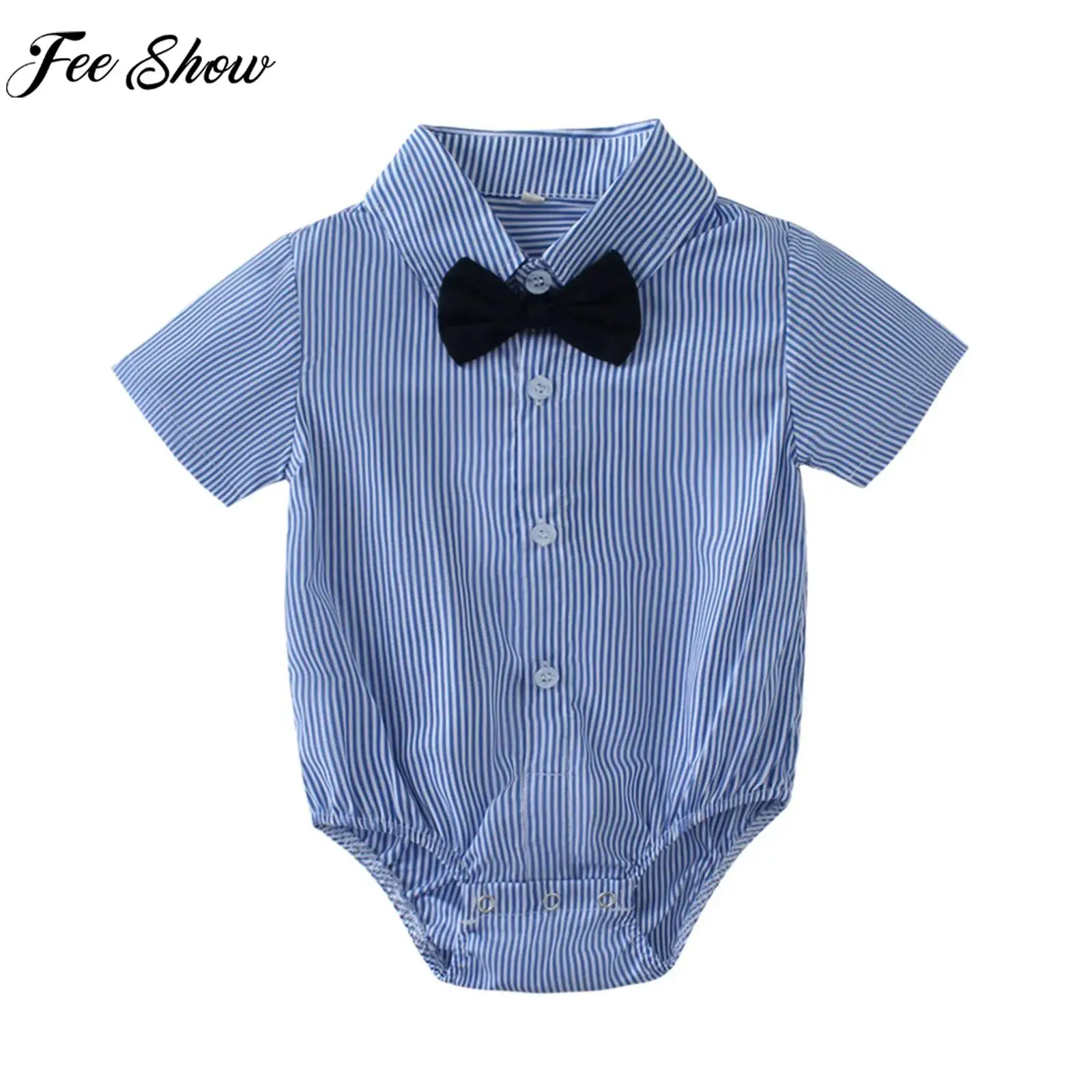 Baby Boys Gentlemen Romper Cotton Striped Shirt Bodysuit with Bow Tie Baptism Birthday Wedding Evening Party Photography Clothes