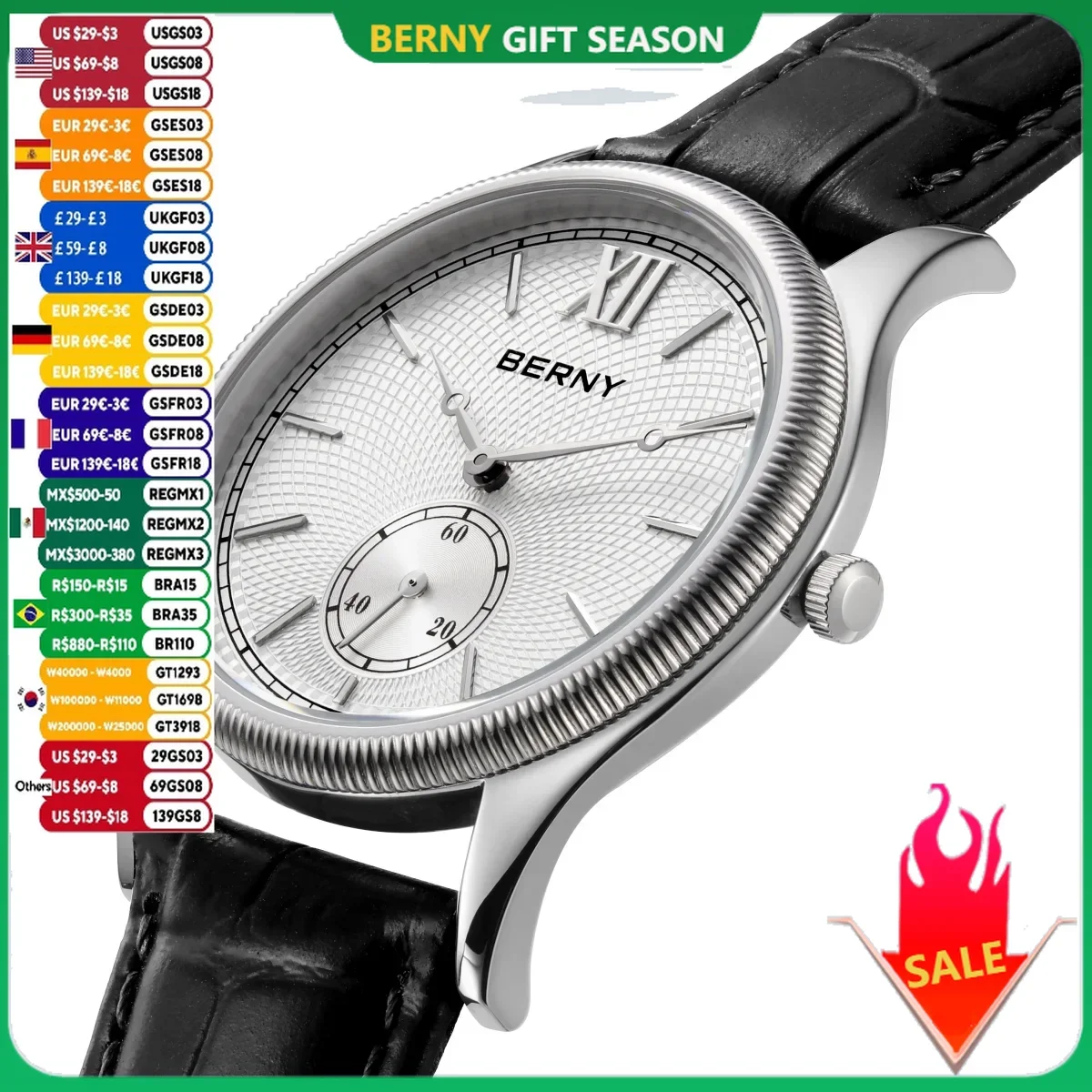 Relojes BERNY para hombre, reloj de cuarzo clásico y elegante de lujo, caja de acero inoxidable ultrafina, reloj de pulsera elegante con correa de