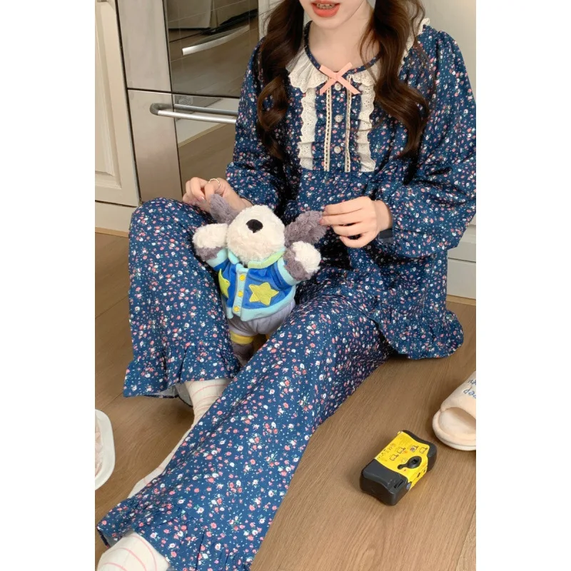 Spring And Autumn New Sweet Princess Style Small Floral Women's Long Sleeve Pants Home Clothes Set Round Neck Nightwear Female