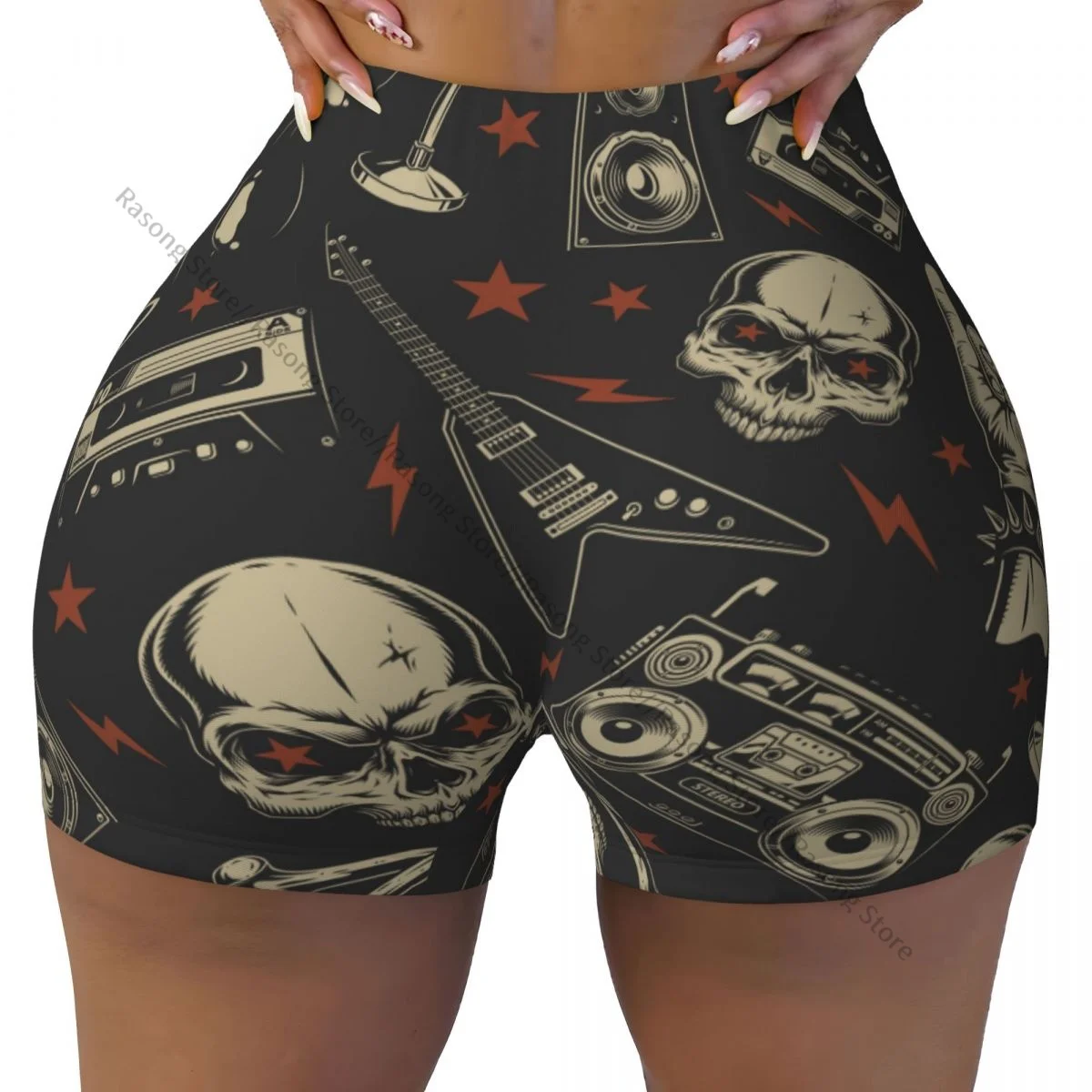 Yoga Shorts Skull Musical Electric Guitar And Cassette Women Biker Tight Elastic Workout Sports Leggings Sportswear