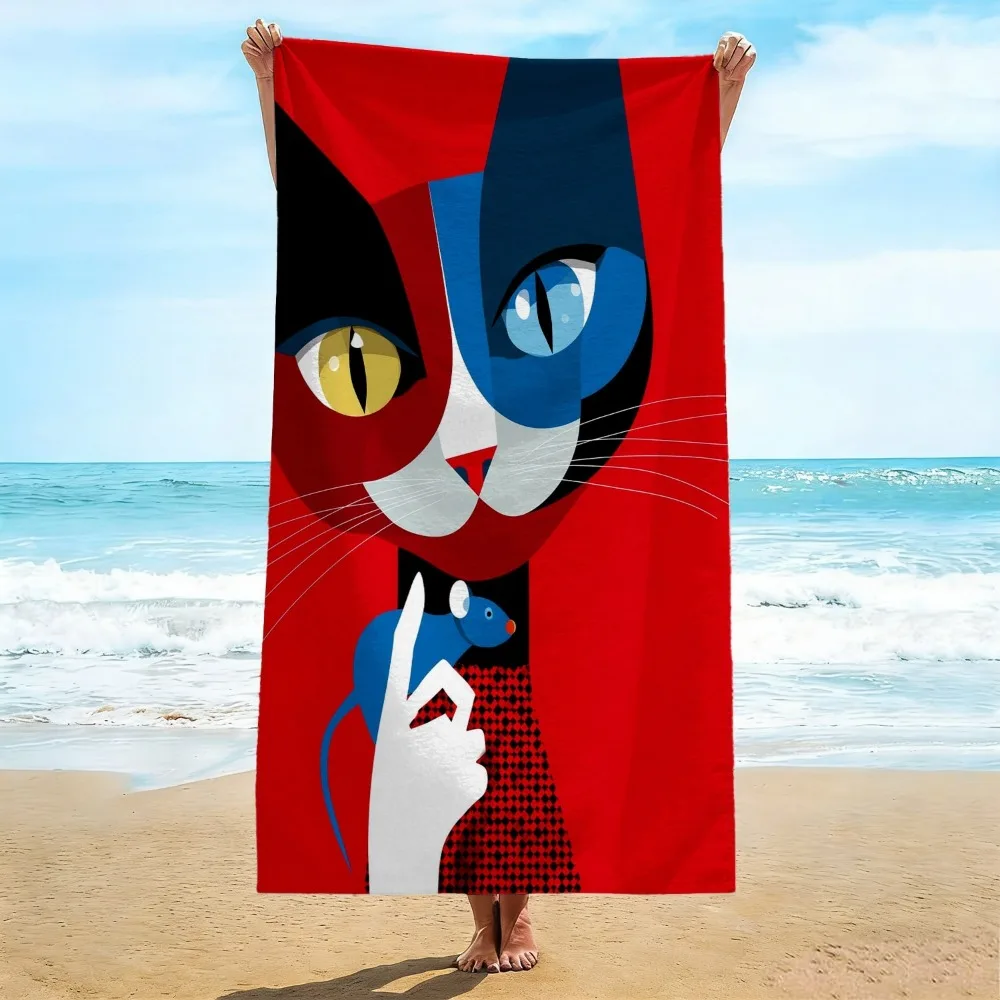 Vibrant Modern Art Beach Towel, Color Block Cat & Mouse Illustration Print Bath Towel, Stylish Cat Lover Summer Beach Blanket