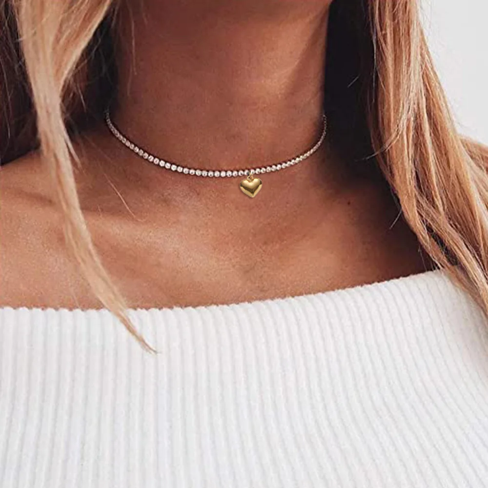 Hip Hop Iced Out Tennis Necklace For Women Stainless Steel Heart Pendant 35+10cm Cubic Zircon Neck Chain Jewelry Chocker 2022