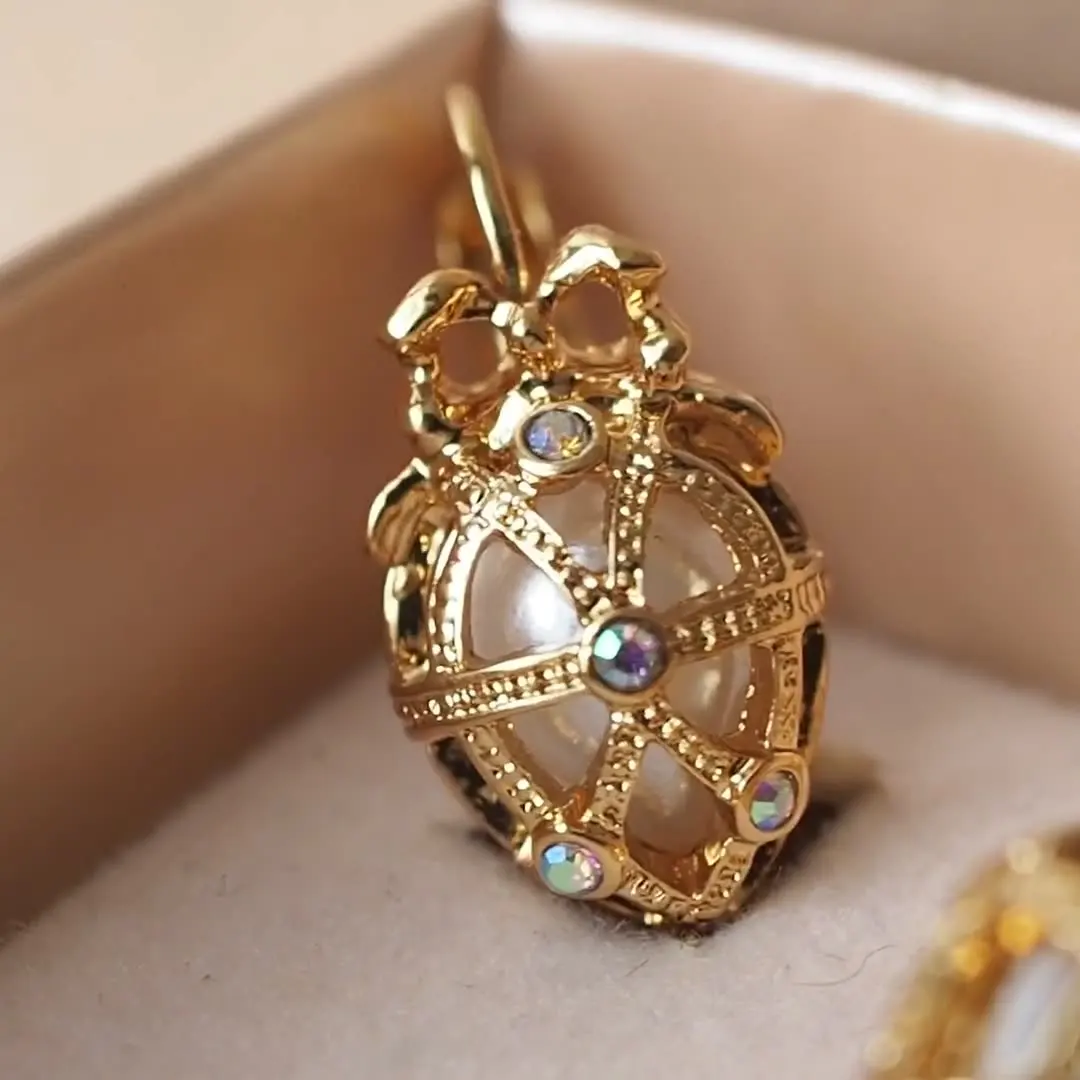 

Vintage Easter egg bow pendant Pearl earring hollow medieval vintage jewelry