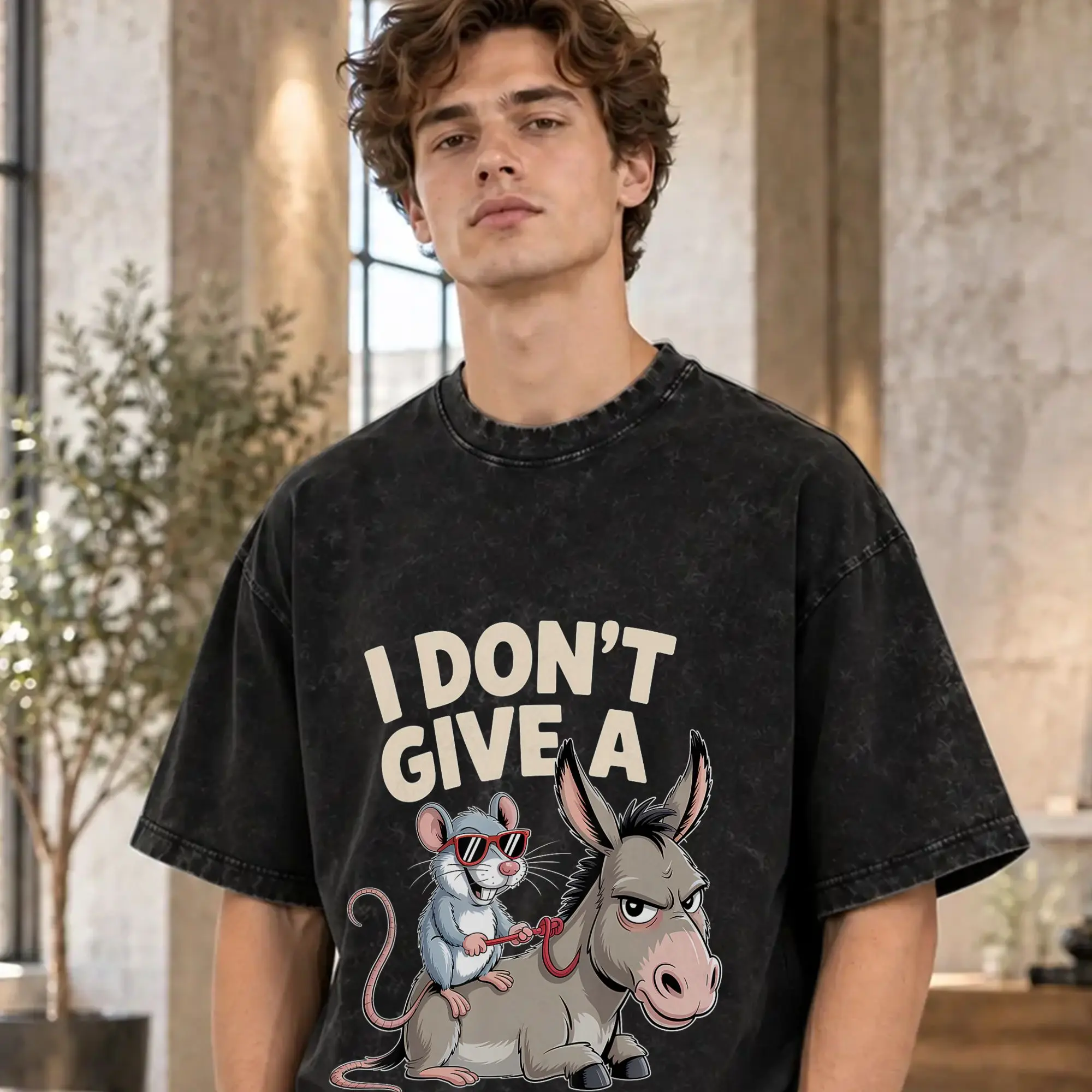 Men I Don't Give a Rats Ass Mouse Donkey Funny T Shirts  Tops Summer Awesome Short Sleeves T Shirt O-Neck HarajukuHot Sale