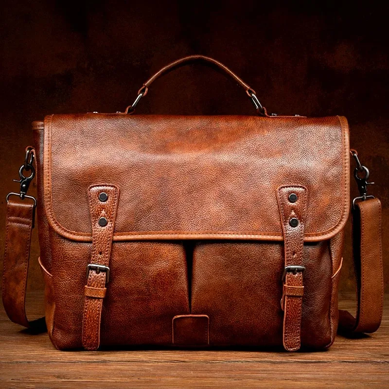 Men's Horizontal Business Casual Genuine Leather Handbag, Top-grain Cowhide Shoulder & Crossbody Bag