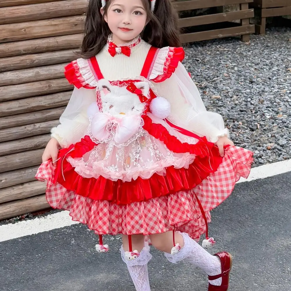 

Платье принцессы Лолиты для девочек Sanrio Hello Kitty, юбка-пачка с рюшами, многослойное платье, украшение с бантом, праздничное платье, детское бальное платье, подарок