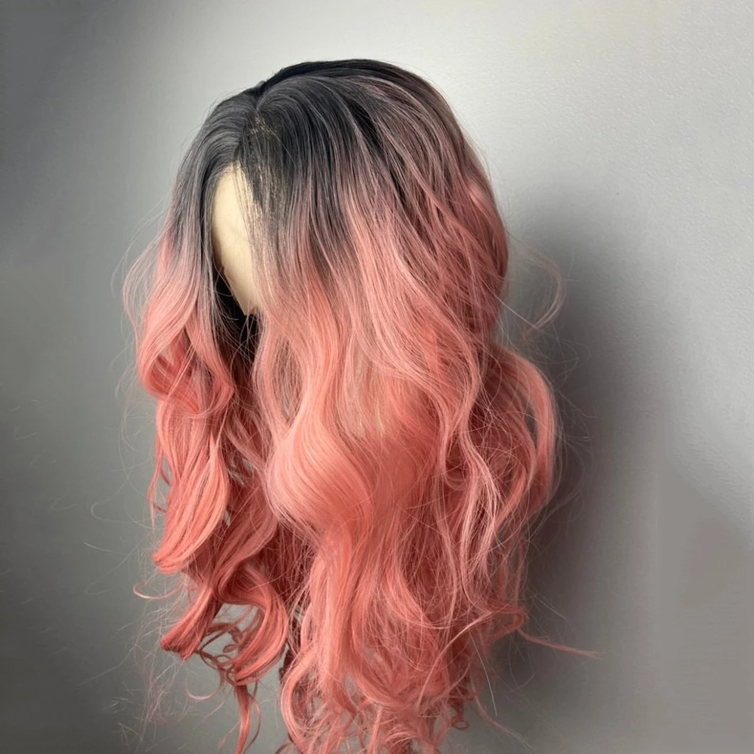 Wig Renda Merah Muda Persik Akar Hitam Wig Renda Depan Sintetis Rambut Manusia 10% Wig Rambut Panjang Berombak Merah Muda Pastel untuk Tarikan Cosplay Wanita