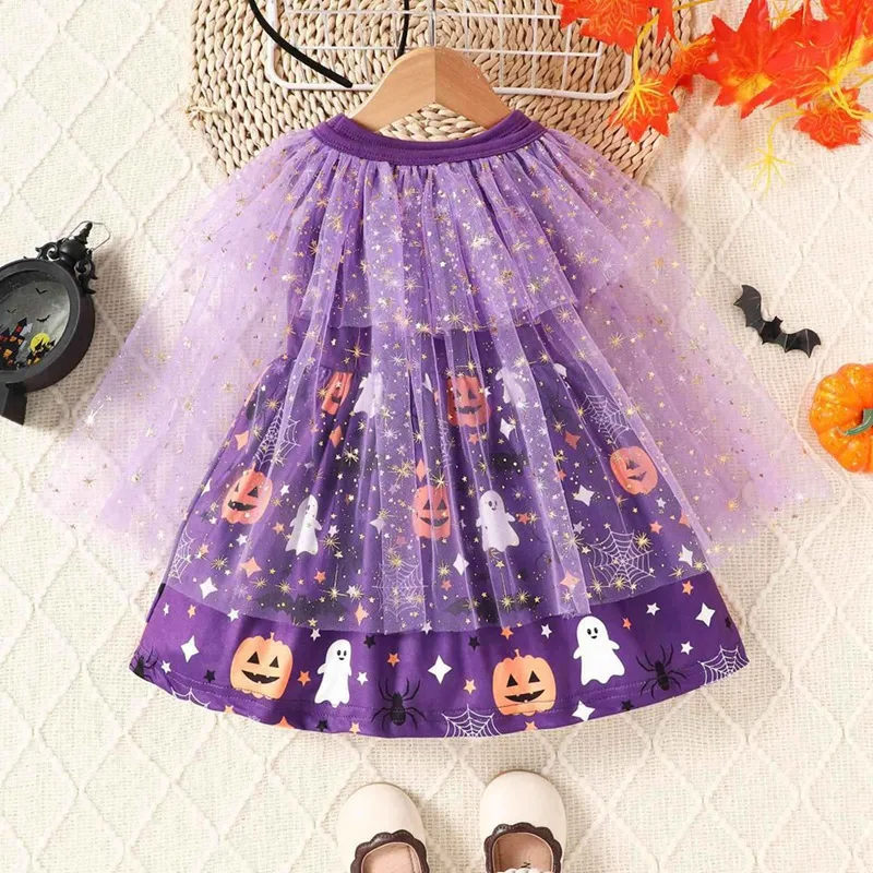 Halloween Baby Clothes 0-3 Y Pumpkin Ghost Printed Girls Dress Mesh Cloak 2 Pcs Claus Sleeveless Dresses