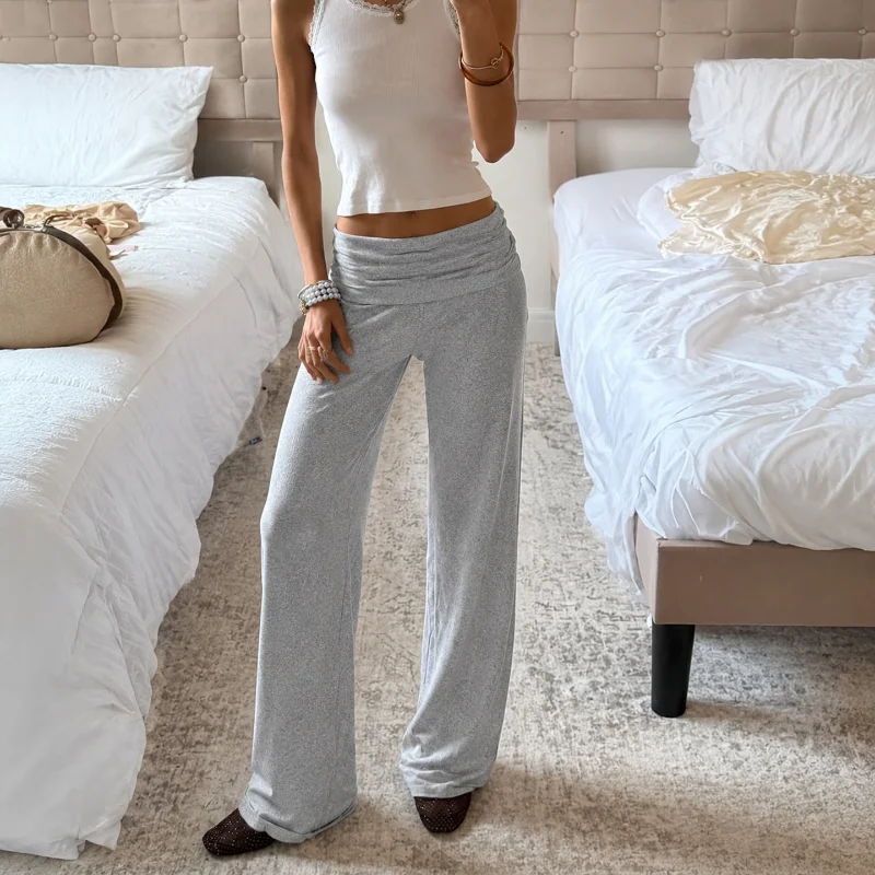 Women's Casual Ins Style Pleated Drapey Straight Leg Long Pants Simple Match Home Walking Pants Polyester Fiber Natural Waist