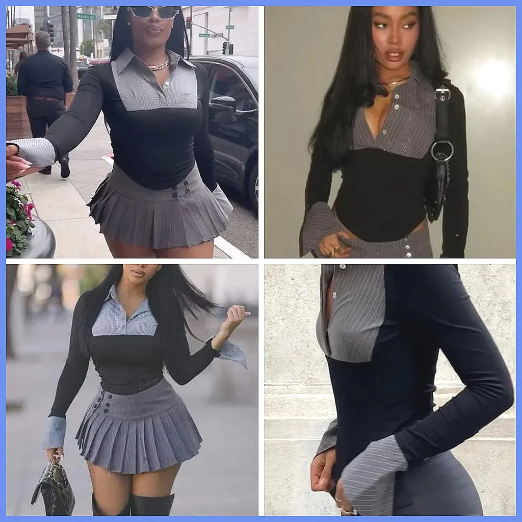 

Women's Striped Patchwork Polo T-Shirt Flared Sleeve Button Neck Casual Streetwear Top