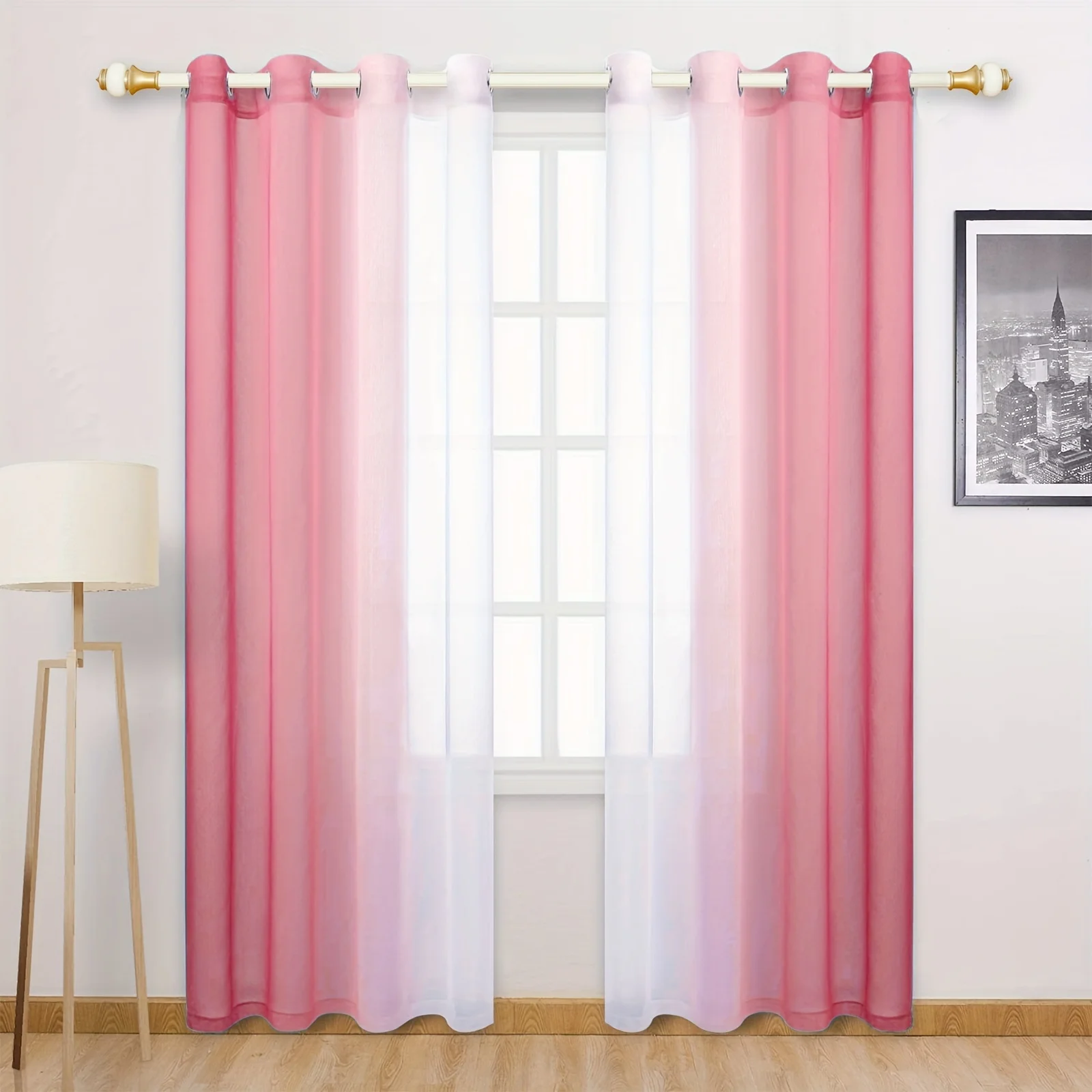 2-Piece Set of Left and Right Gradient Color Single-Color Rainbow Curtains, Pink, Blue, Purple Gradient Sheer Curtains, Perforated, Semi-Transparent, Breathable, Soft, and Flowing
