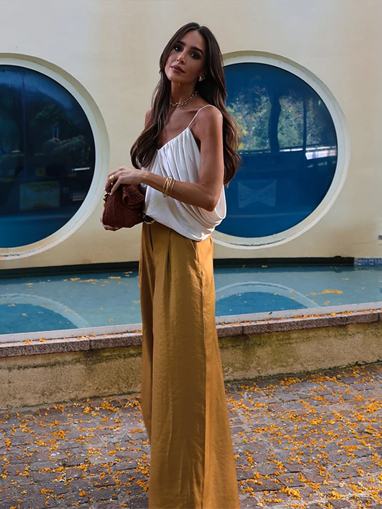 

Fashion Jacket Sling Pants Set Women V-neck Single Breasted Waistcoat White Vest Loose Trousers 2025 Summer Lady 3 Piece Outfit