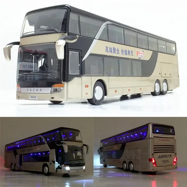 

2024 new car Sale High quality 1:32 alloy + ABS pull back bus model,high imitation Double sightseeing bus,flash LED toy vehicle