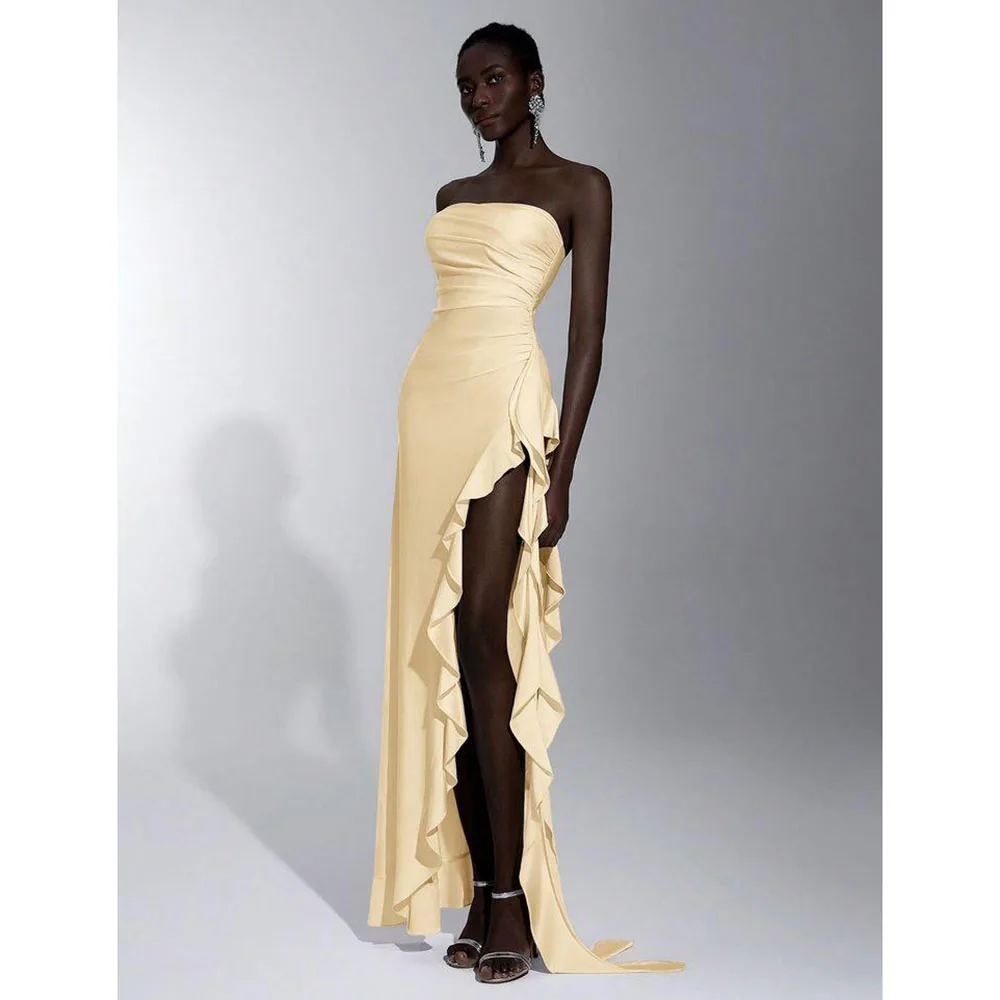 

Fashion Prom Party Dresses Strapless Sleeveless High Quality Vent Asymmetrical Special Occasion Female Gowns Simple Floor Length