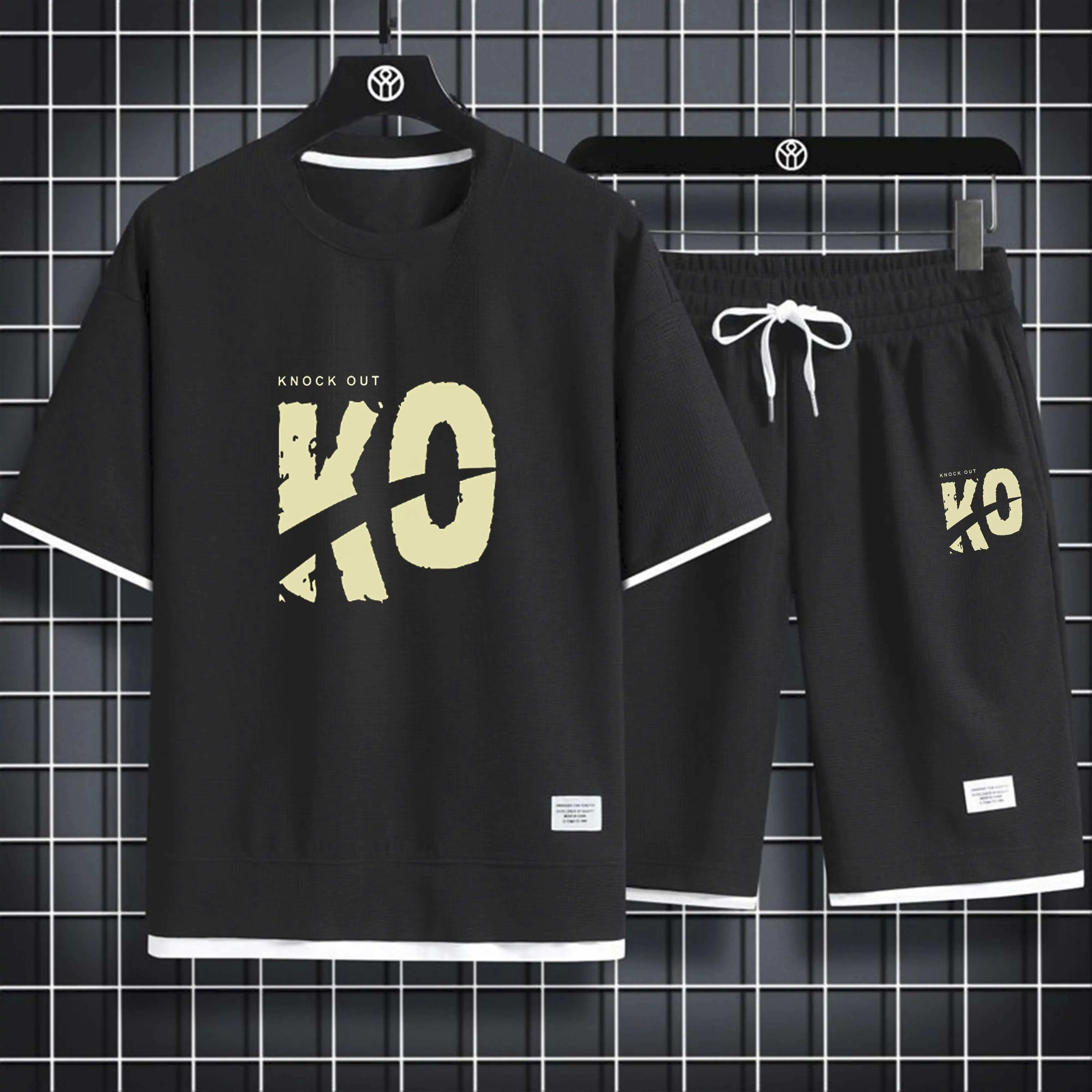 Men's Sets 2024 New Waffle Summer Casual Tshirt + Shorts Suit Basketball Tracksuit Letter Print Solid Color Tracksuit Loose Suit
