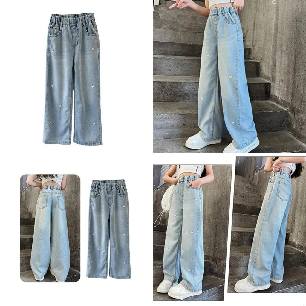 

L5YC High Waist Baggy Jeans For Girls Comfortable Outdoor Trousers Ages 5-12 Years Spring Summer Fashion Pants