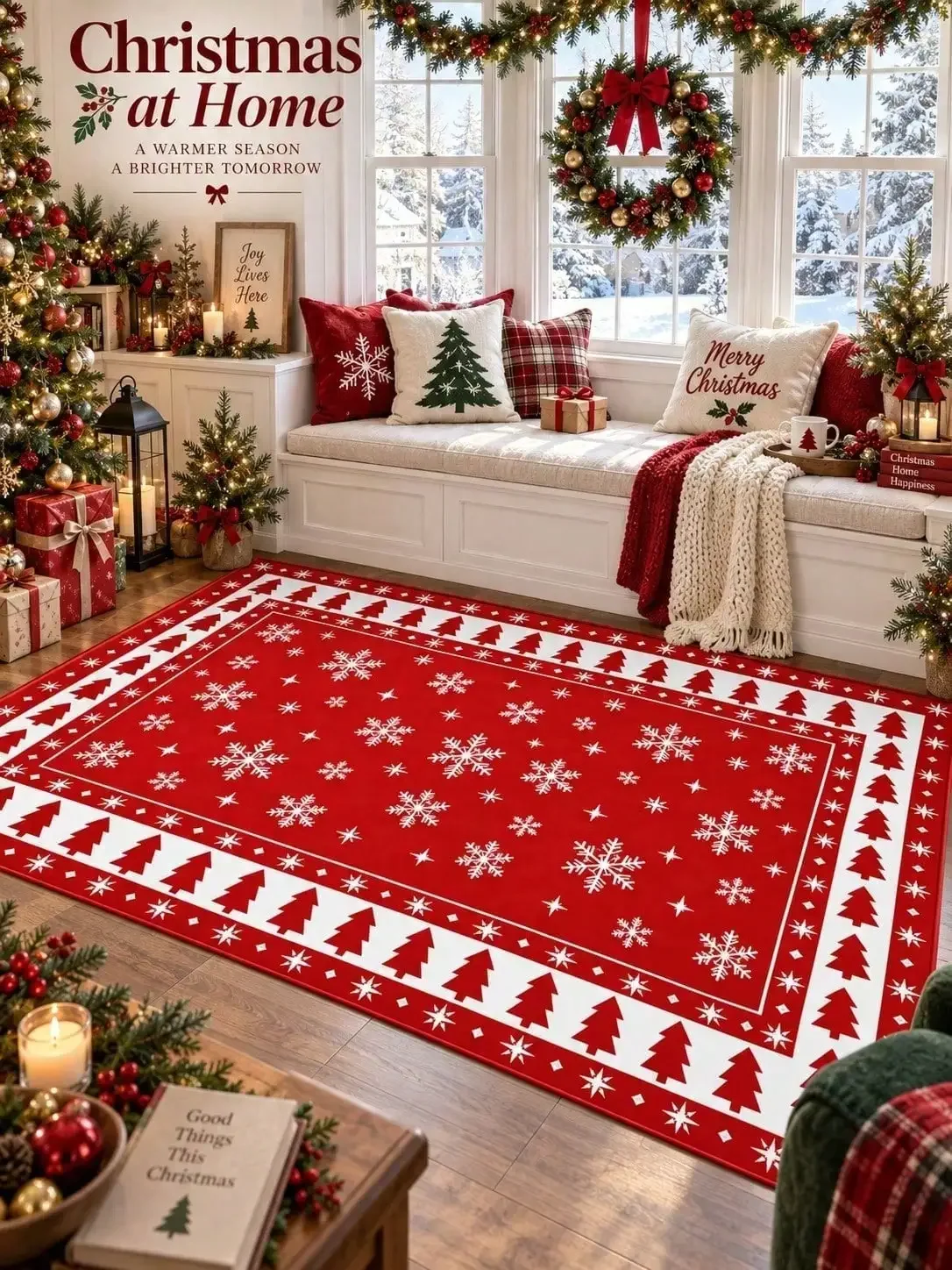 Christmas Rug Snowflakes Pine Trees Border Floor Carpet Runner Rugs Living Room Bedroom Entryway Dining Space Hallway Kitchen Office Home Decor Halloween Thanksgiving Anniversary Birthday Housewarming Party Gift for Family Friends Sisters Homeowner