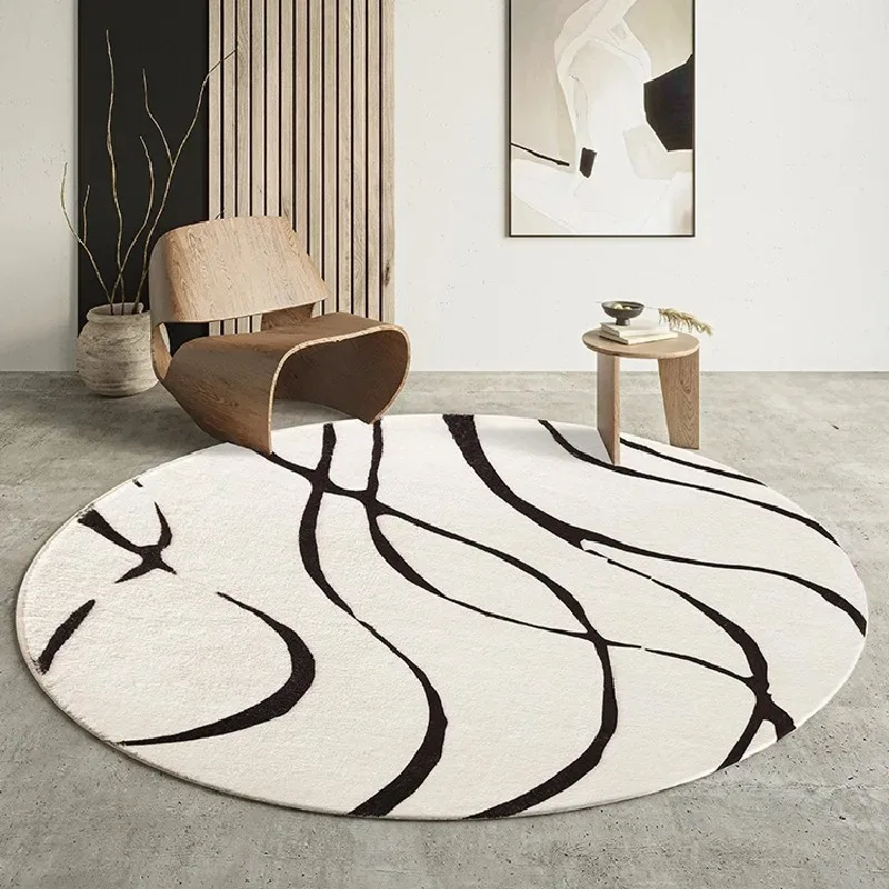 Round Living Room Large Area Carpet Black White Minimalist Bedroom Bedside Carpet Striped Study Rug Comfortable Soft Balcony Rug