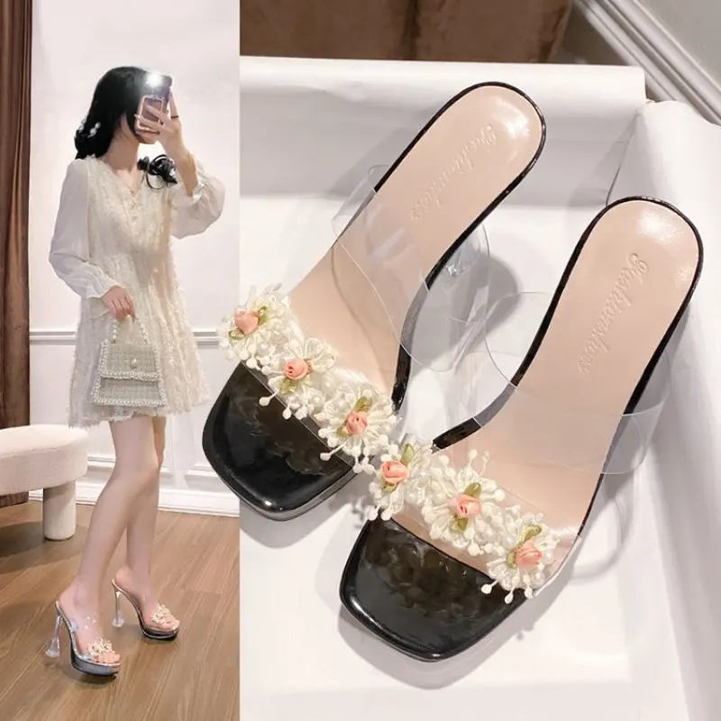 

Summer Round Head Open Toe Fashion Transparent Sexy Flower Women's Slippers Crystal Heel New High Heel Sandals Women Plus Siz 43