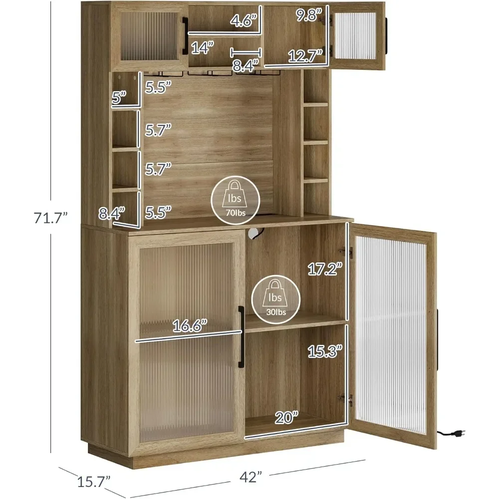 Kaffee-Wein-Barschrank mit Steckdose, 72" rustikaler Spirituosenschrank, hoher geriffelter Buffetschrank mit Stauraum für die Küche