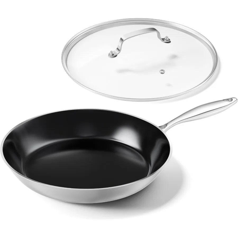 

12 inch Stainless Steel Frying Pan with Lid Featuring Titanium Ceramic Nonstick Coating for Healthy Cooking StayCool Handle Des