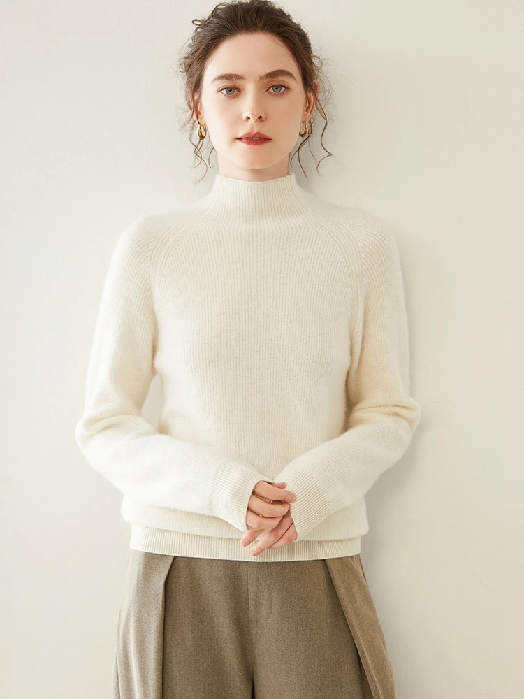 

Осень-зима, женский пуловер из 100% кашемира с воротником-стойкой, однотонный тонкий универсальный вязаный свитер в рубчик, базовые топы с длинными рукавами, высококачественные