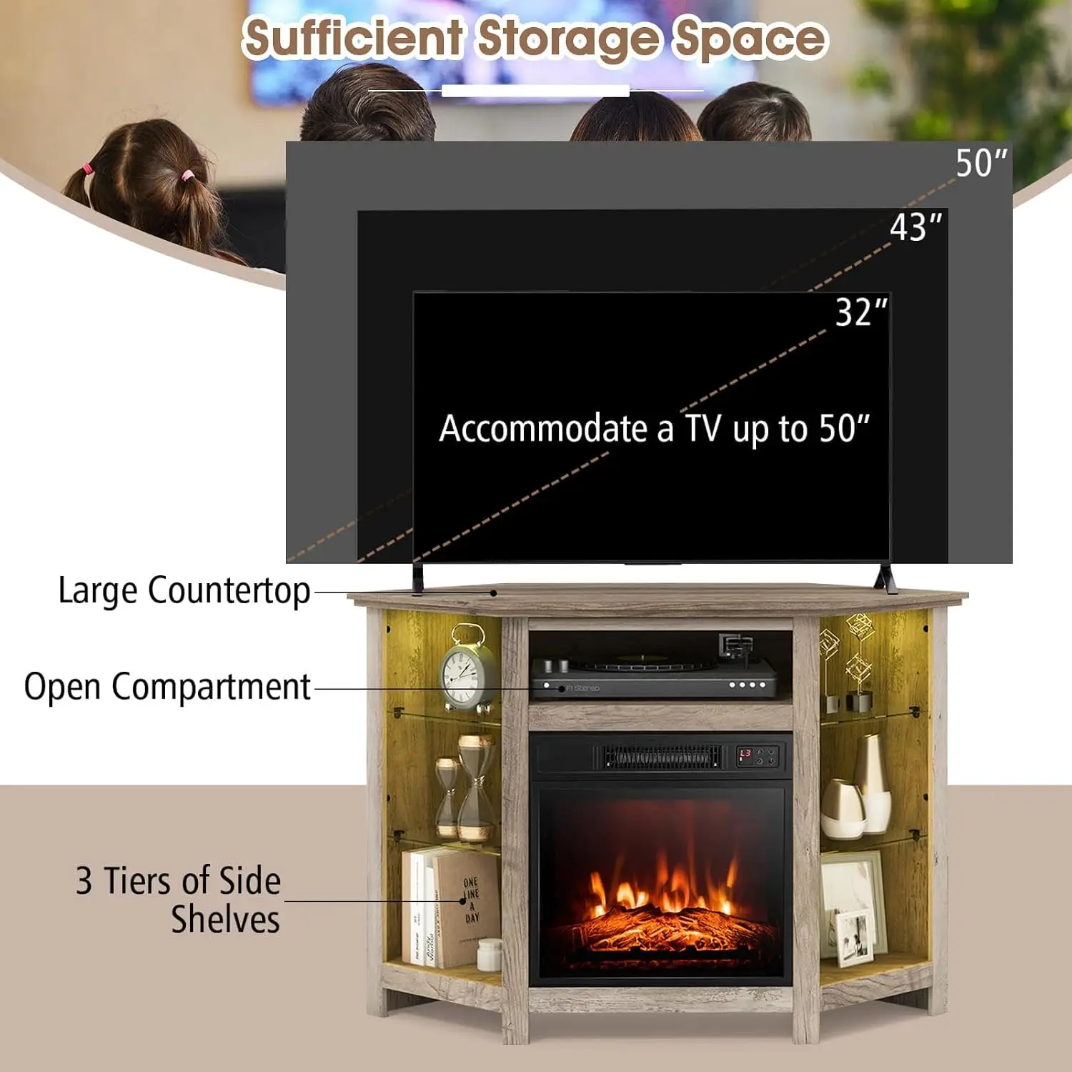 Corner Fireplace TV Stand - Electric Fireplace Entertainment Center w/Heater Insert, LED Lights, APP Control &, Customized