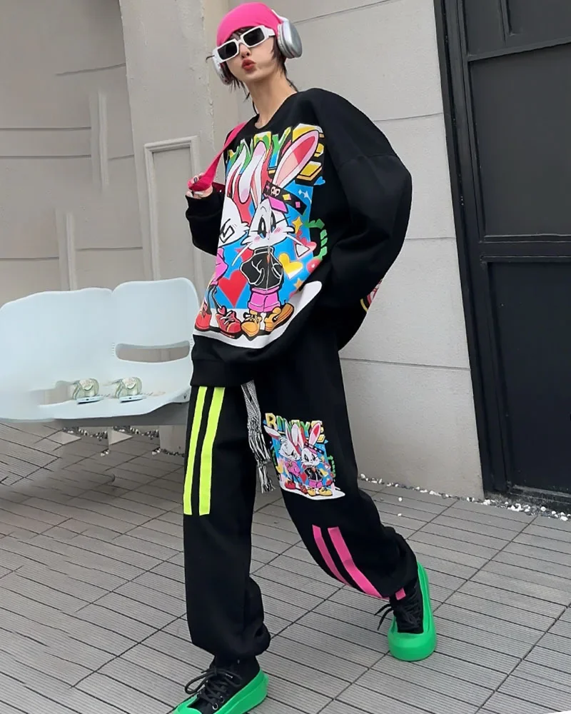 Oversized Casual Exercise Suit Spring Autumn Street Hipster Graffiti Cartoon Sweatshirts and Sweatpants 2 Piece Sets Women