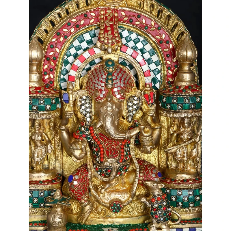 

18-Inch elegant brass Ganesha Temple statue, inlaid with sculptural artwork