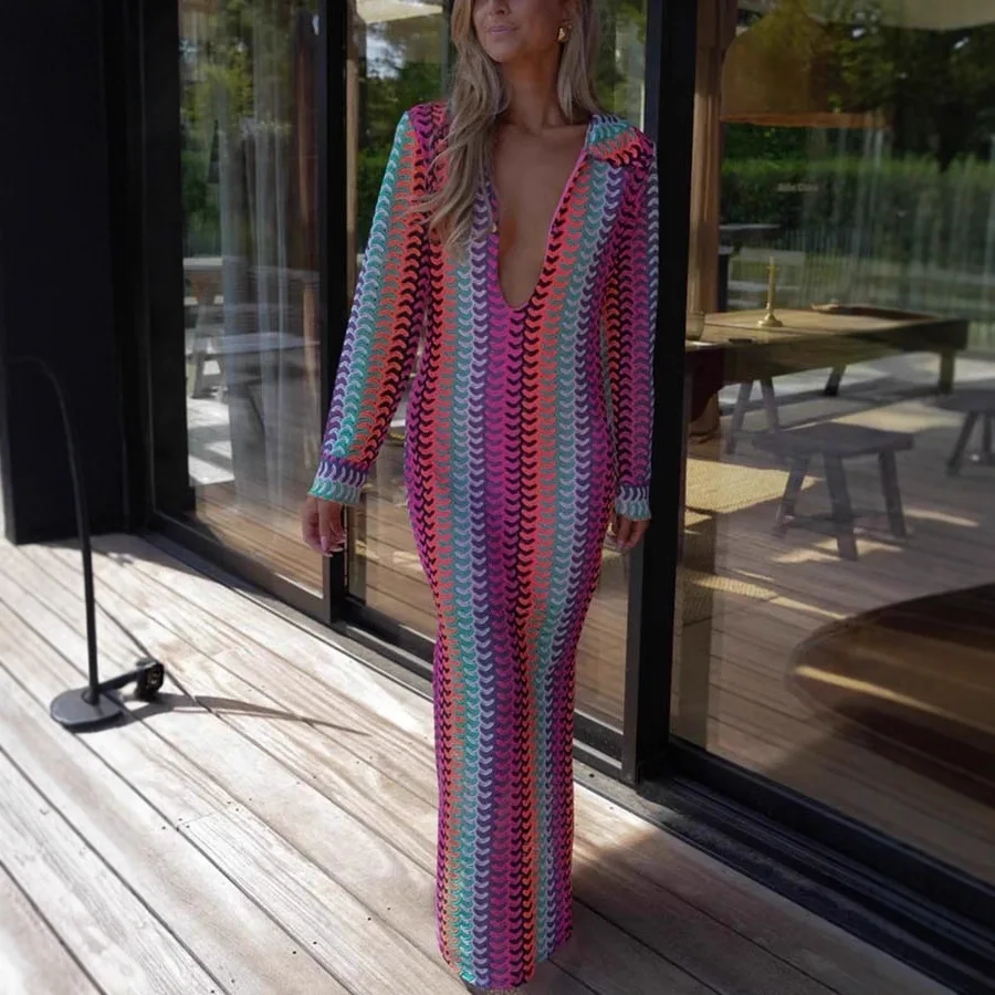 

Women's Color Stripe Crochet Long Dress Fashion Beach Vacation Style Dresses Deep V-neck Loose Slit Vestidos Knitted Clothing