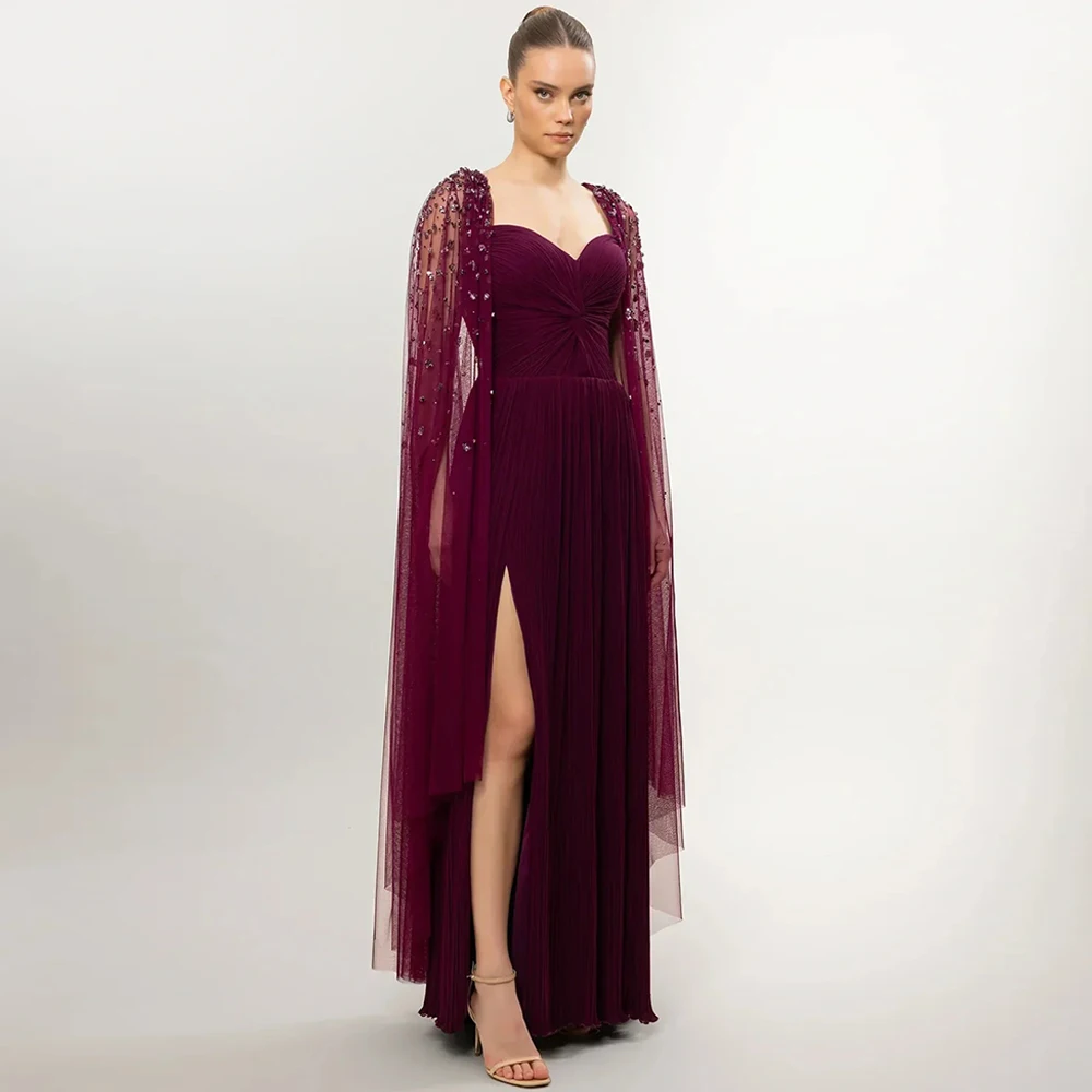 

Evening Dress Customized Sweetheart Sleeve Cape Beading Pleat A Line Floor Length Prom Gown Special Occasion Dresses