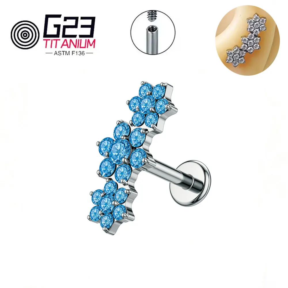 ASTM F136 Titan Dreifach-CZ-Blumencluster Labret mit Innengewinde für Tragus, Monroe, Knorpel – Detail 8