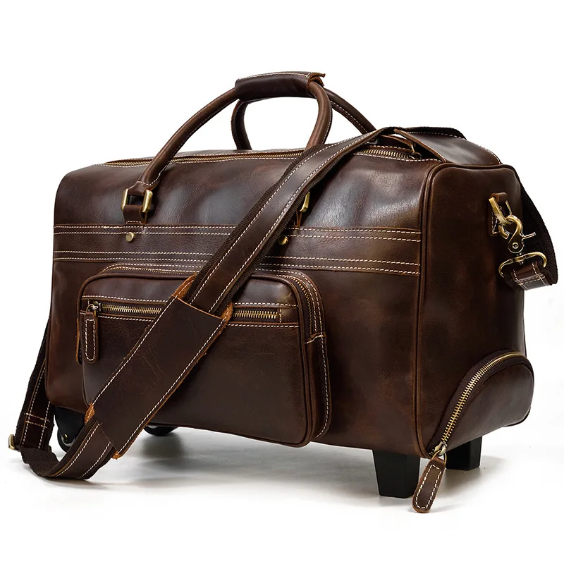 Customized Solid Leather Tie Rod Bag Travel Bag Men's Full-grain Cowhide Wheeled Rolling Duffel Bag