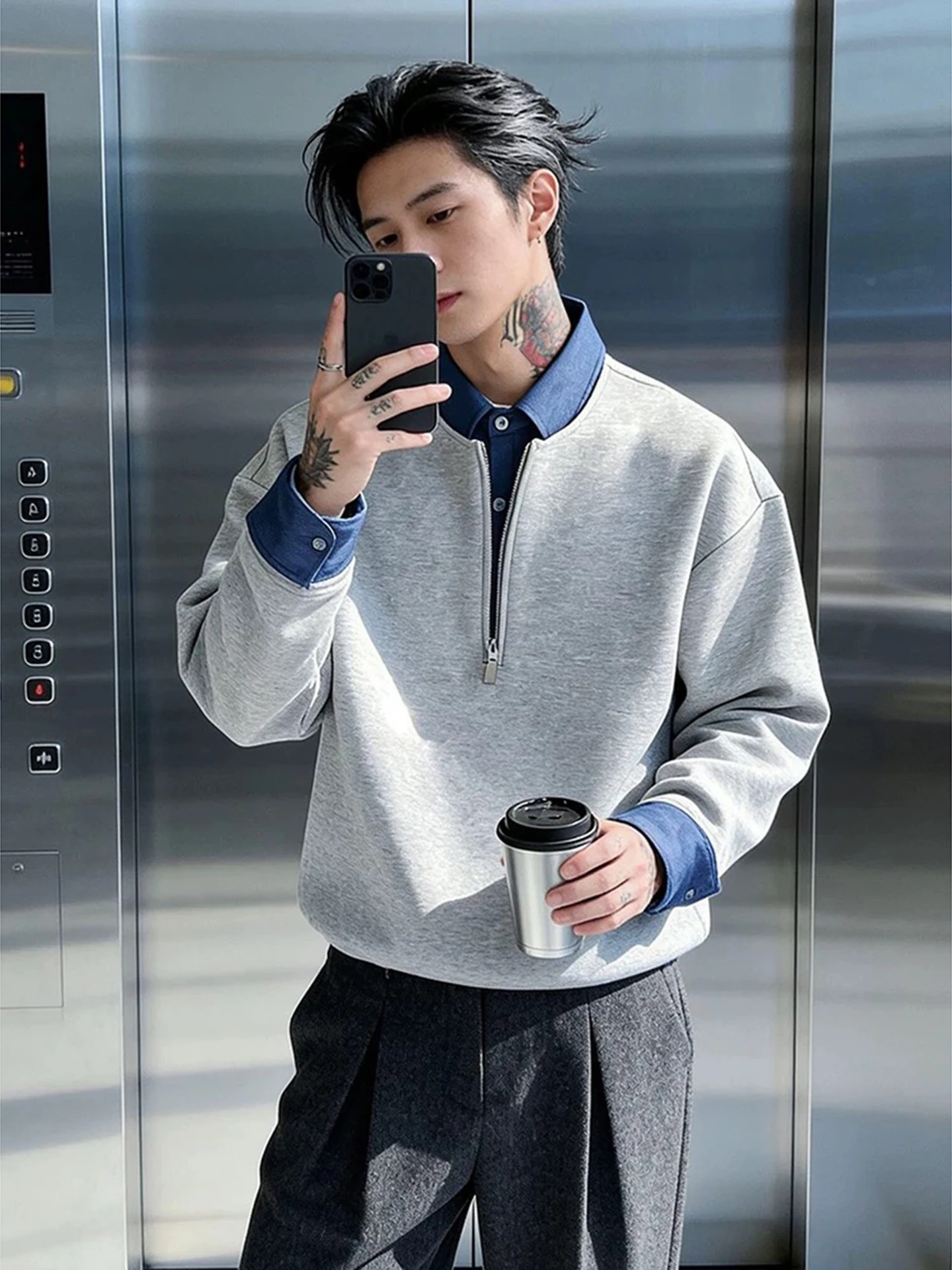 

Casual American Sle Men's Long Sve Zipper Hoodie Fake Two-Piece Spring Autumn High Quali Cool Faionable Thermal Wear