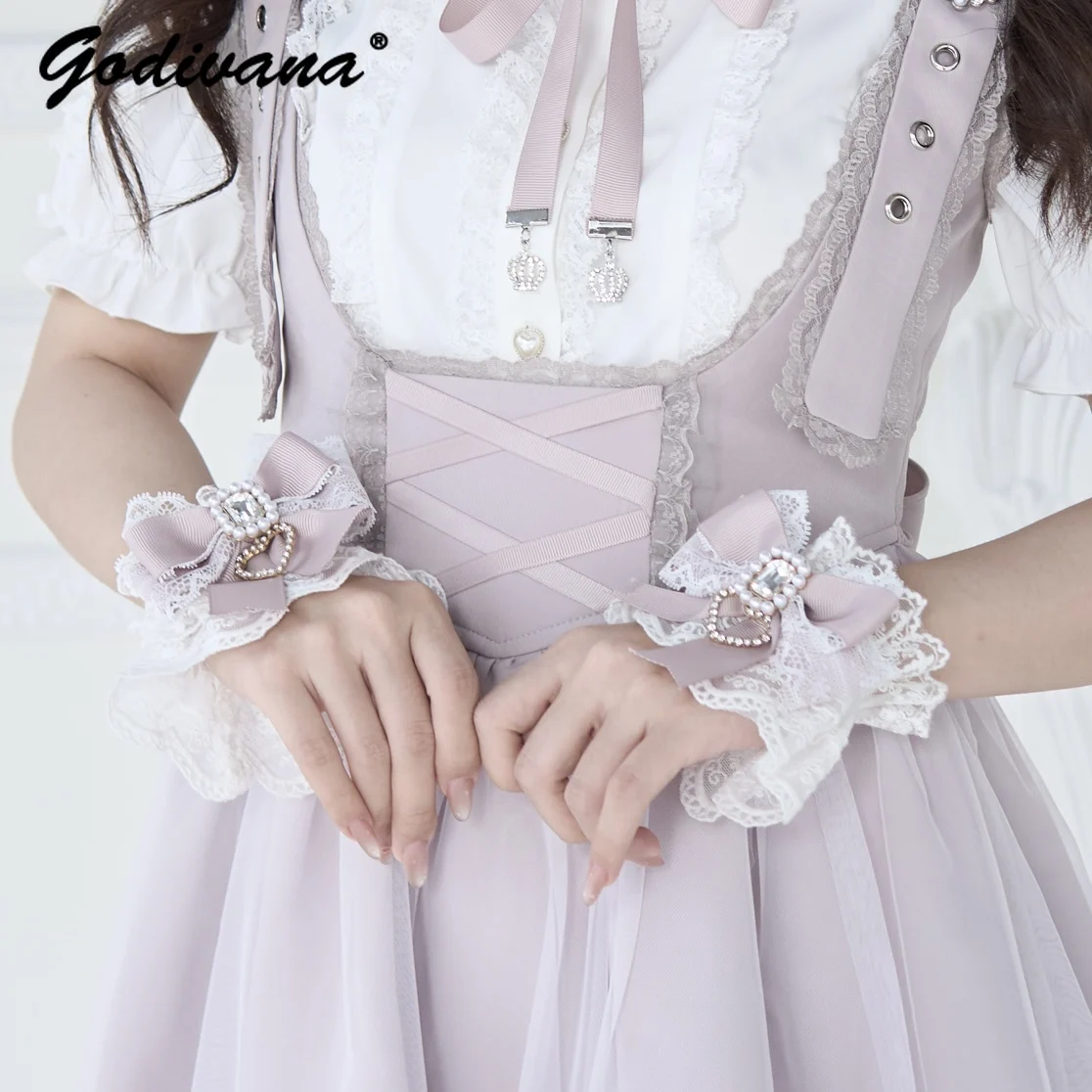 

Japanese Mine Mass-produced Lolita Hand Sleeve New Girl Women's Sweet Cute Bow Love Rhinestone Lace Oversleeve Cos Arm Warmer