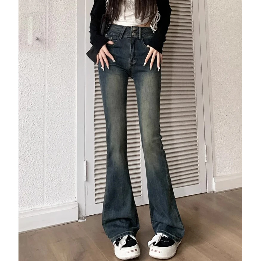 Cement grey micro flare jeans female spring new high-waisted elastic Slim and thin versatile flare horseshoe trousers tide