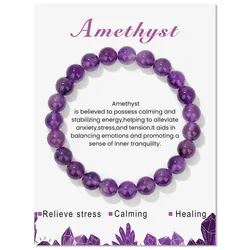 Natural Amethysts Bracelet With Card 8MM Purple Stone Bead Stretch Bangle Simple Agates Turquoises Quartzs Bracelet Jewelry Gift
