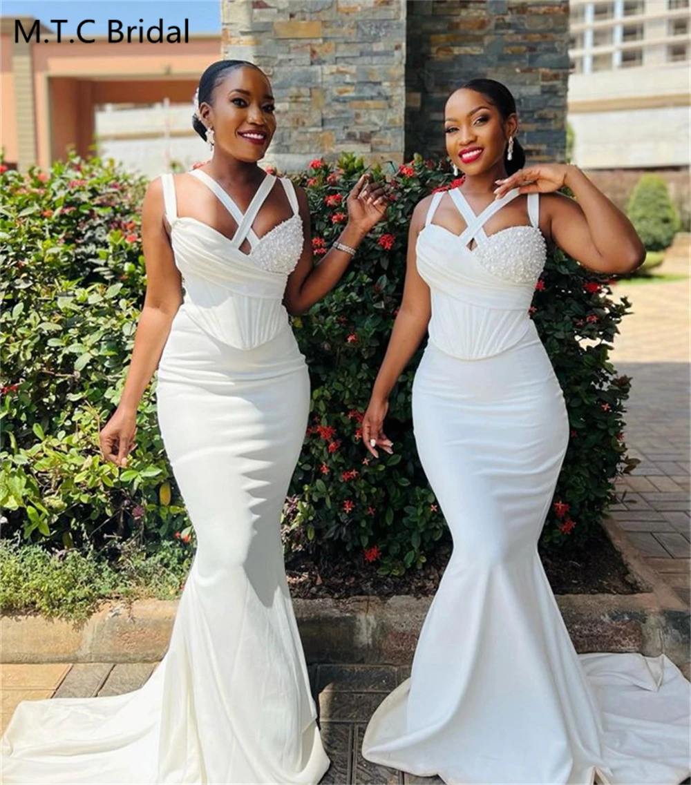 

White Mermaid African Bridesmaid Dresses With Pearls Corset Spaghetti Straps Long Wedding Guest Gowns Custom Made Robe De Soiree