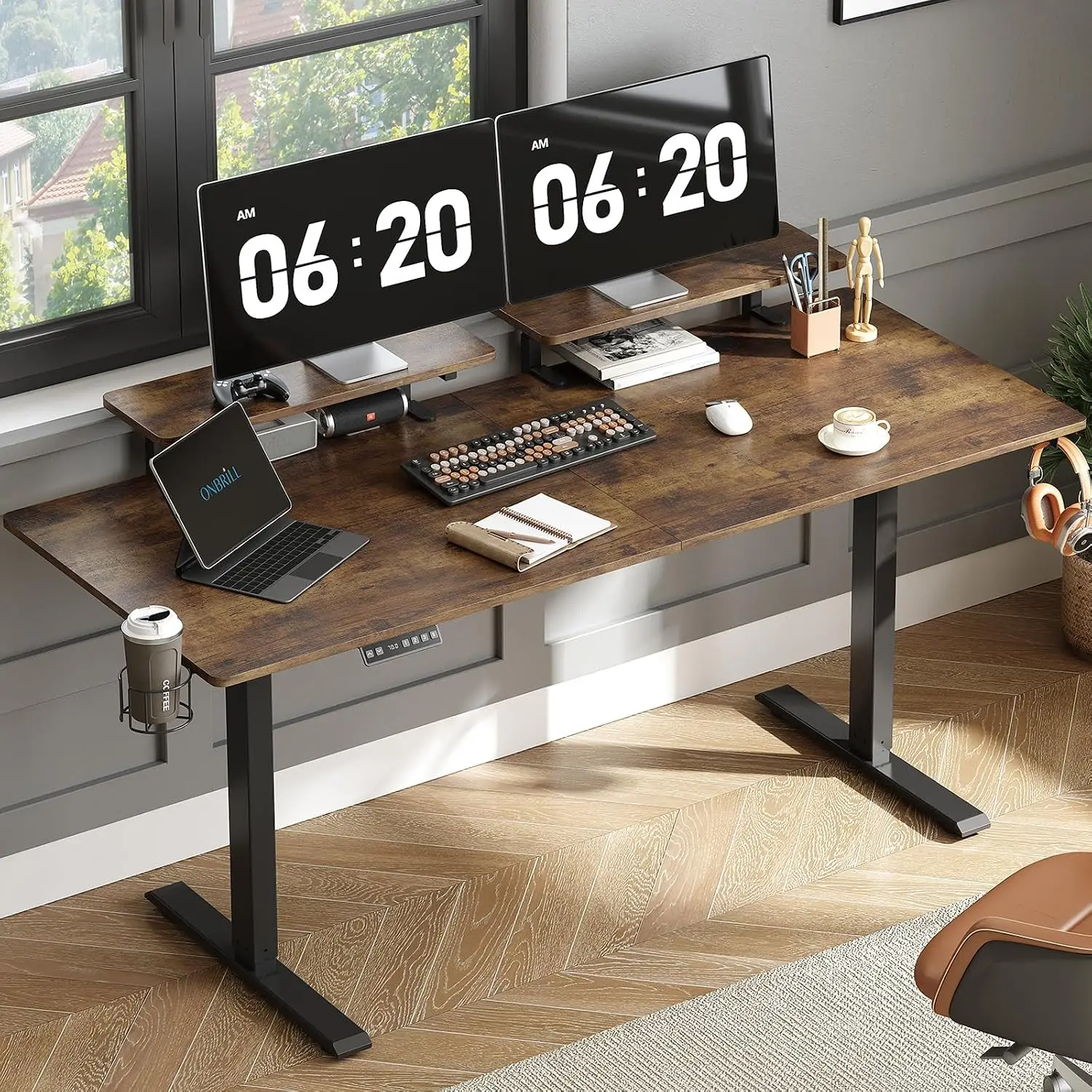 Electric Standing Desk With Dual Monitor Shelves & Memory Controller, 71x24in Height Adjustable 28-46in Workstation, Customized